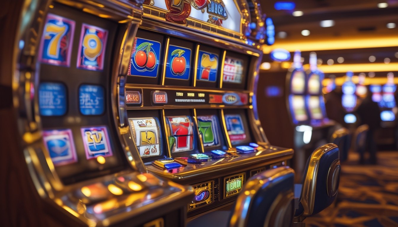 Mesin slot retro dengan gulungan berwarna-warni dan simbol klasik di dalam suasana kasino yang hangat dan ramai.