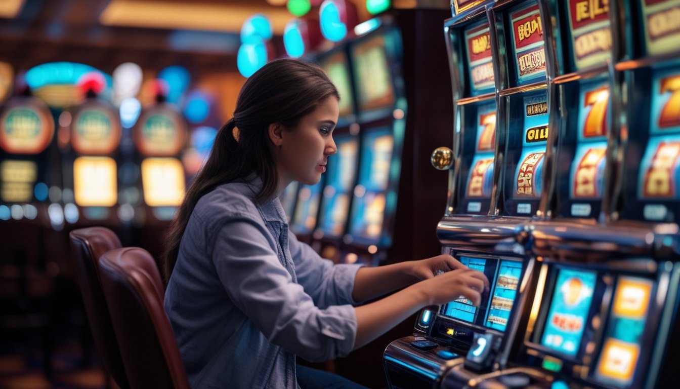 Seseorang sedang bermain mesin slot retro di kasino dengan ekspresi fokus dan suasana kasino yang terang.