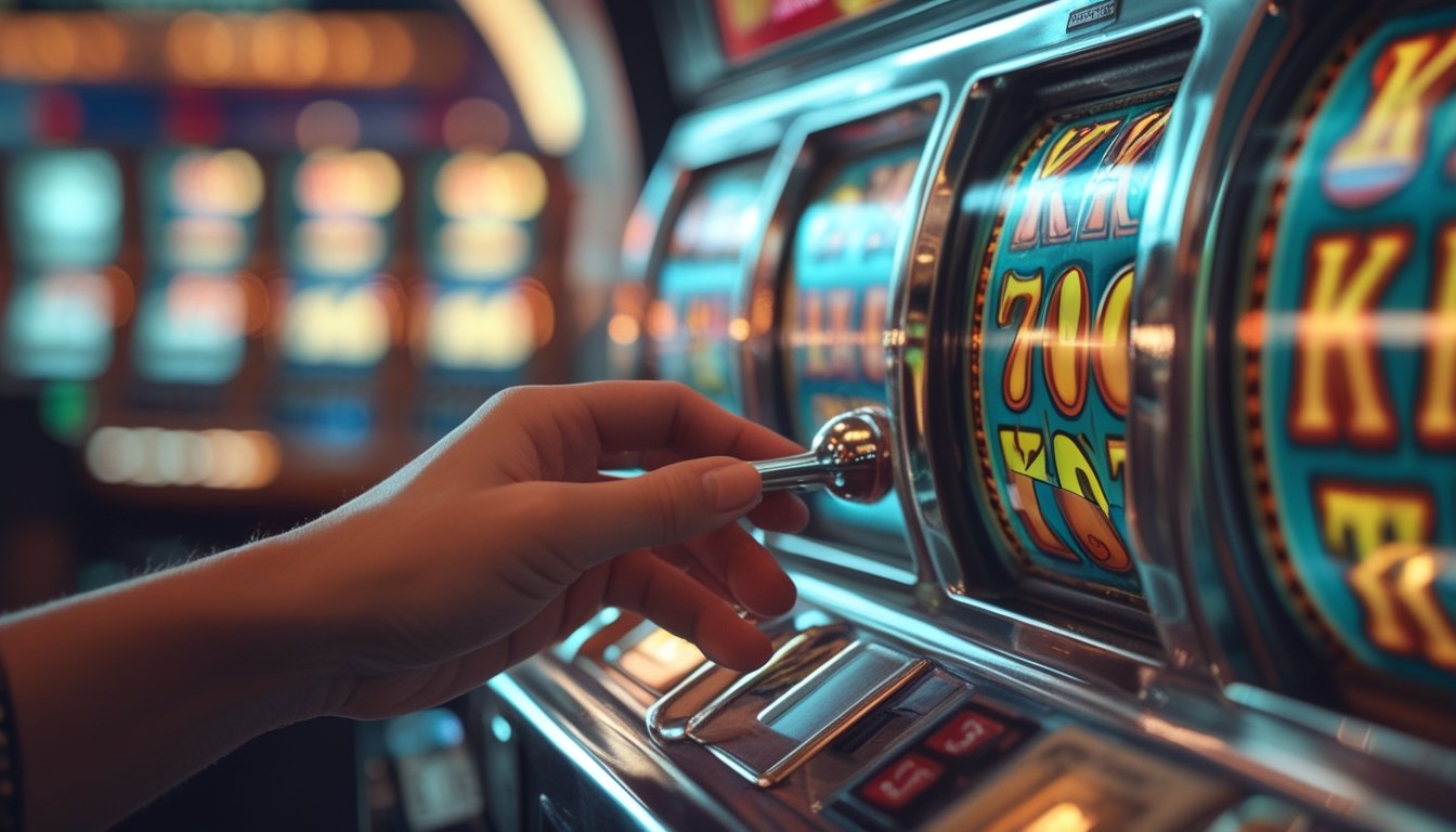 Seorang pemain sedang menarik tuas mesin slot retro dengan simbol warna-warni di kasino.