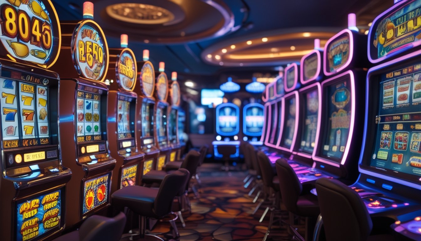 Gambar perbandingan antara mesin slot retro dengan mesin slot modern di dalam kasino.