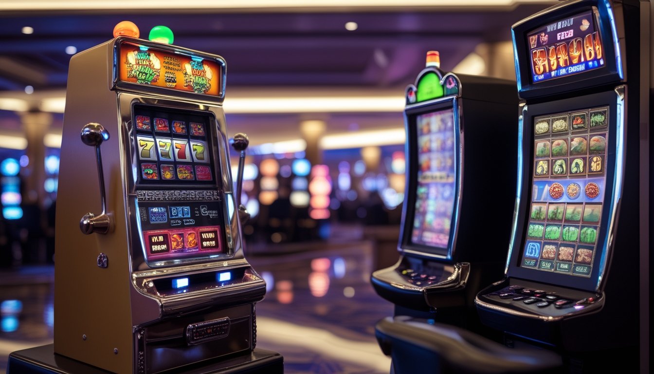 Dua mesin slot berdampingan, satu mesin slot retro dengan gulungan mekanik klasik dan satu mesin slot modern dengan layar digital berwarna-warni di latar kasino.