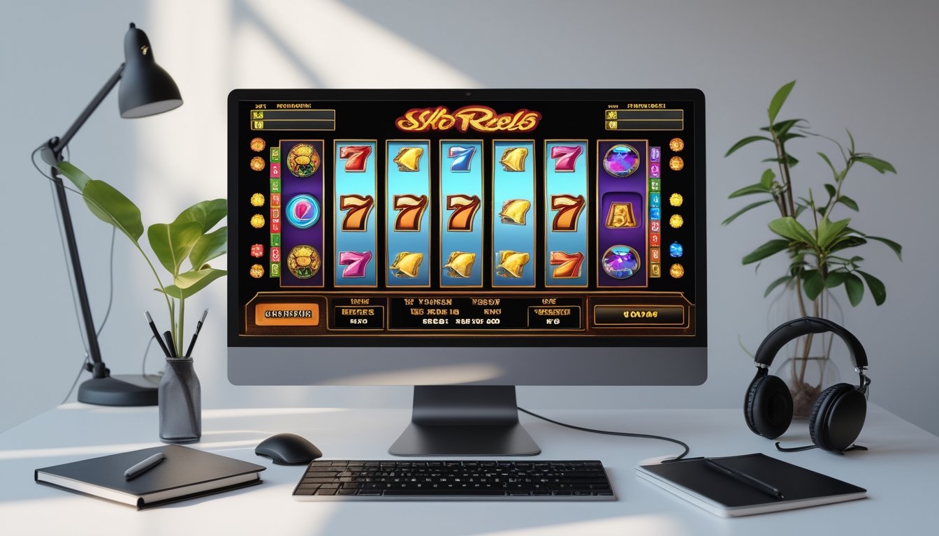Sebuah meja kerja dengan komputer yang menampilkan permainan mesin slot dengan simbol klasik, dilengkapi dengan aksesori gaming dan alat tulis.