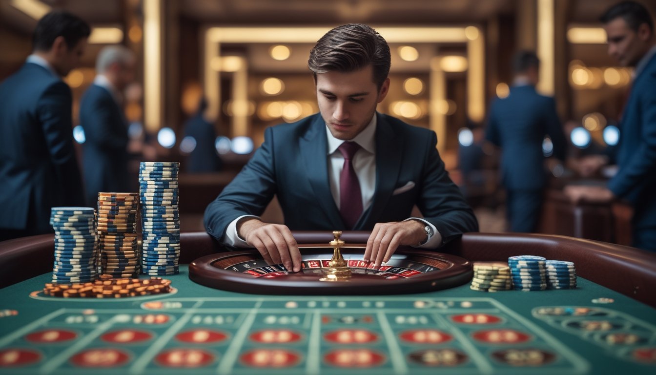 Seorang pemain profesional sedang fokus menganalisis meja roulette Amerika di kasino mewah dengan tumpukan chip dan roda roulette yang berputar.