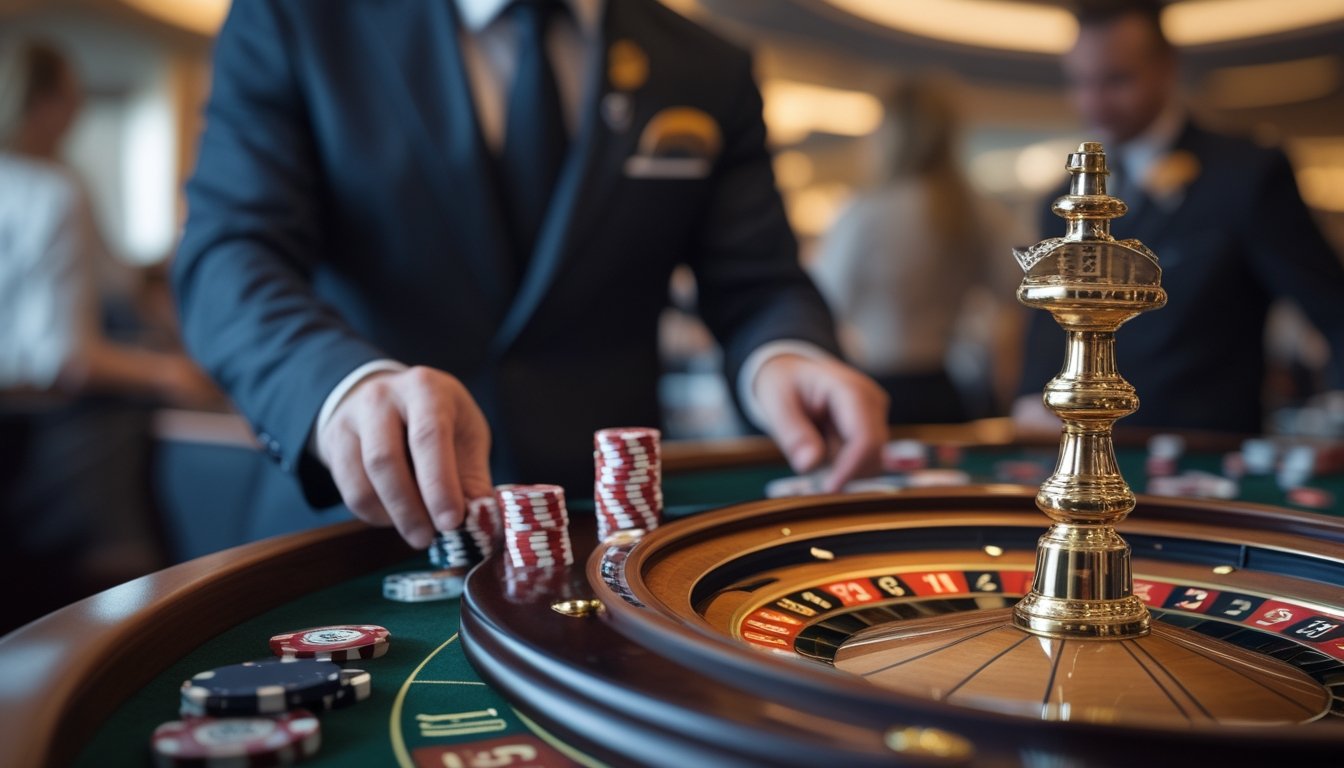 Seorang pemain profesional sedang menempatkan chip pada meja roulette Amerika dengan roda roulette dan angka-angka terlihat jelas di kasino mewah.