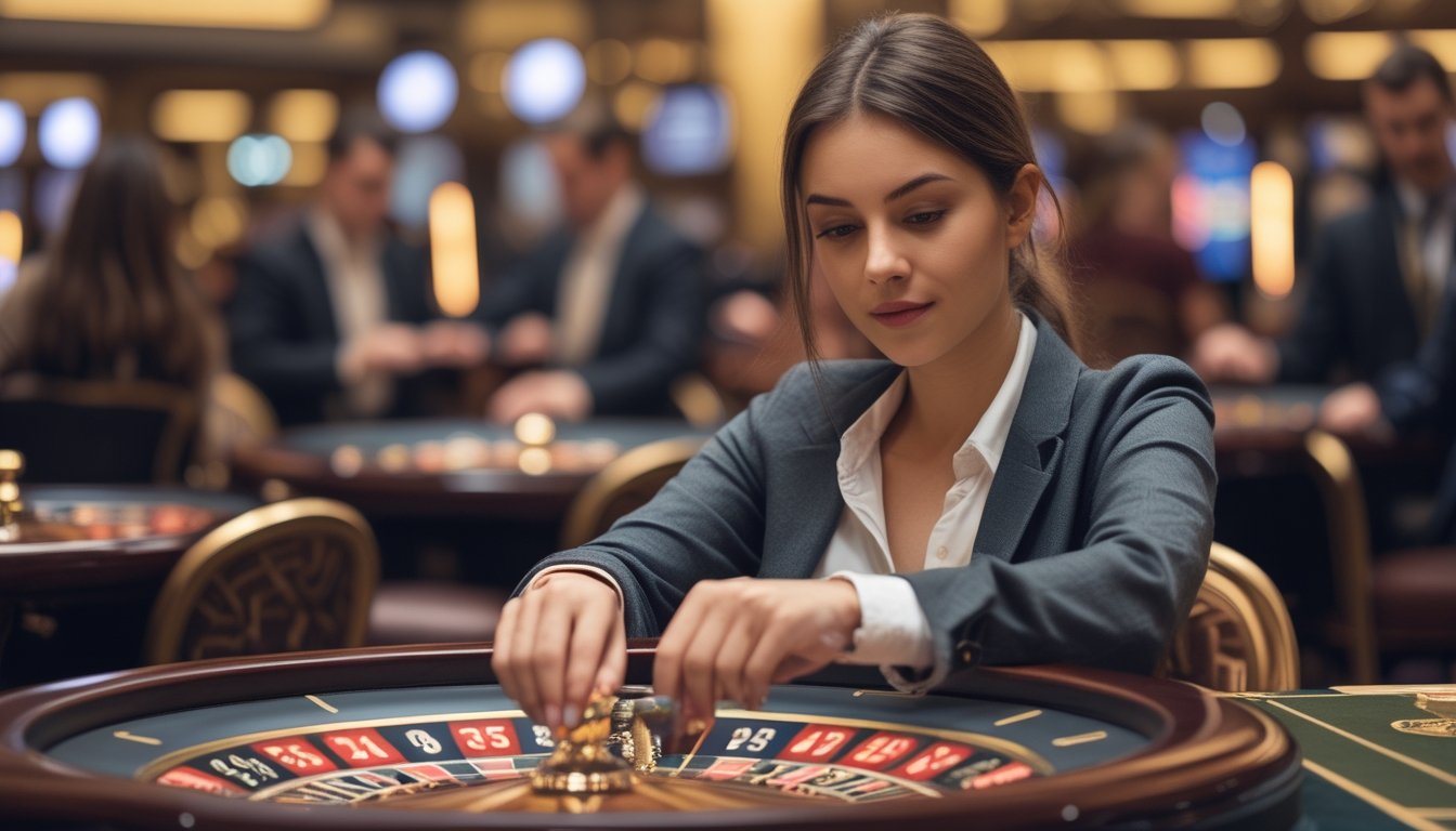 Seorang wanita muda sedang bermain roulette Amerika di meja kasino dengan fokus, meletakkan chip taruhan di depan roda roulette yang sedang berputar.