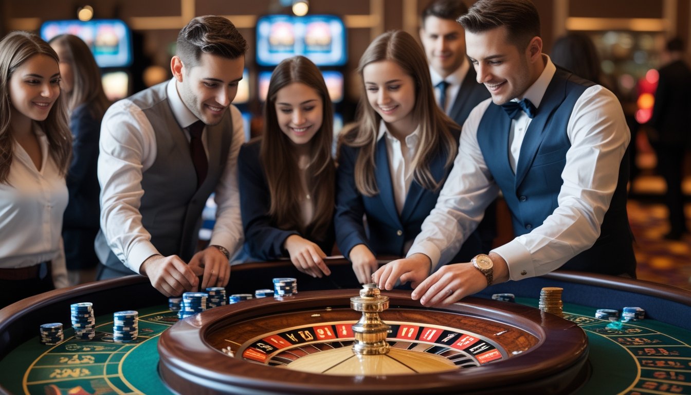 Beberapa orang sedang bermain American Roulette di meja kasino dengan roda roulette dan tumpukan chip, seorang pemain pemula menerima bimbingan dari dealer.