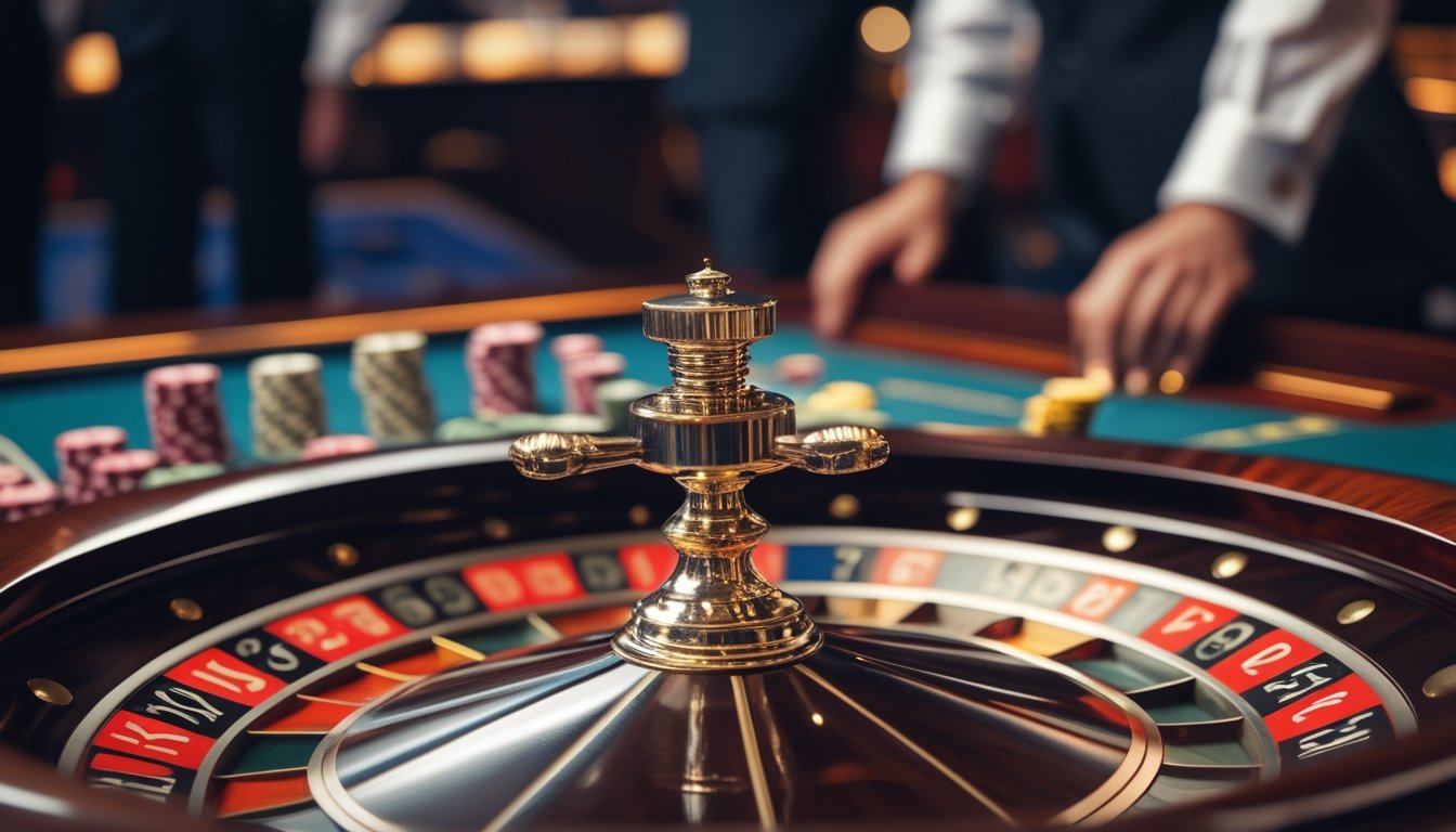 Meja roulette Amerika dengan roda roulette dan tumpukan chip taruhan di kasino, dengan beberapa pemain dan dealer di latar belakang.