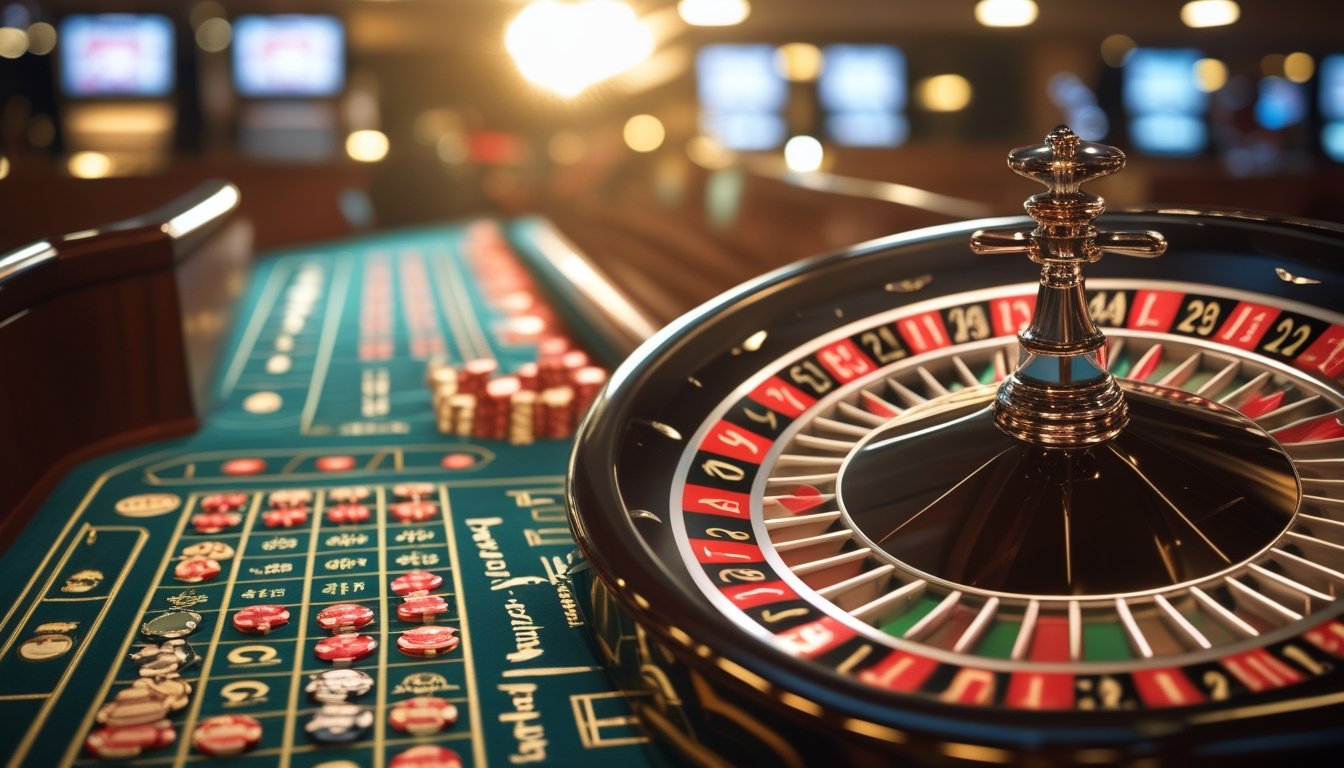 Meja roulette Amerika dengan roda roulette berputar dan chip taruhan yang ditempatkan di atas meja.