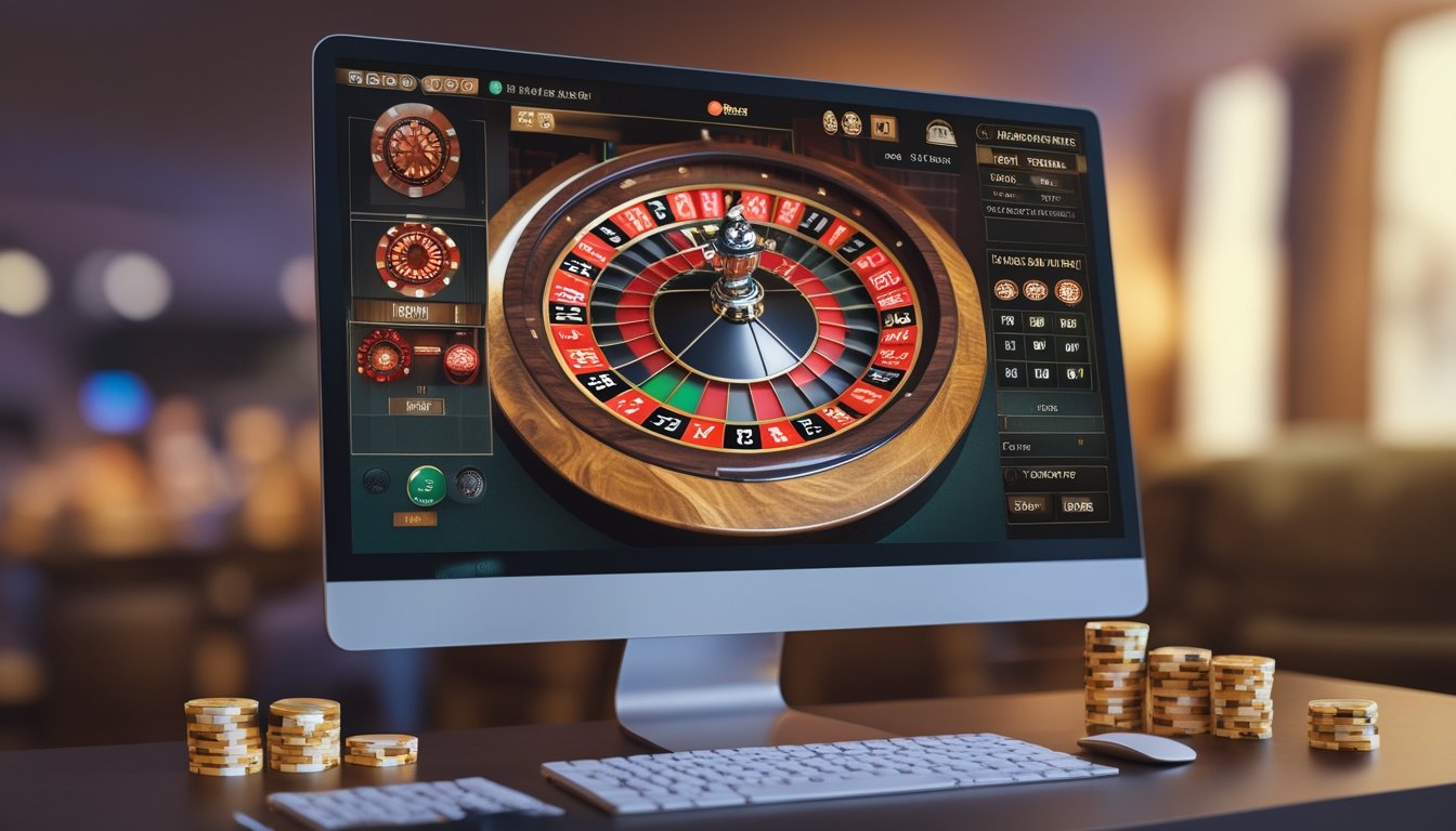 Sebuah komputer menampilkan permainan roulette Amerika online dengan roda roulette berwarna merah, hitam, dan hijau, serta tumpukan chip taruhan di sampingnya.