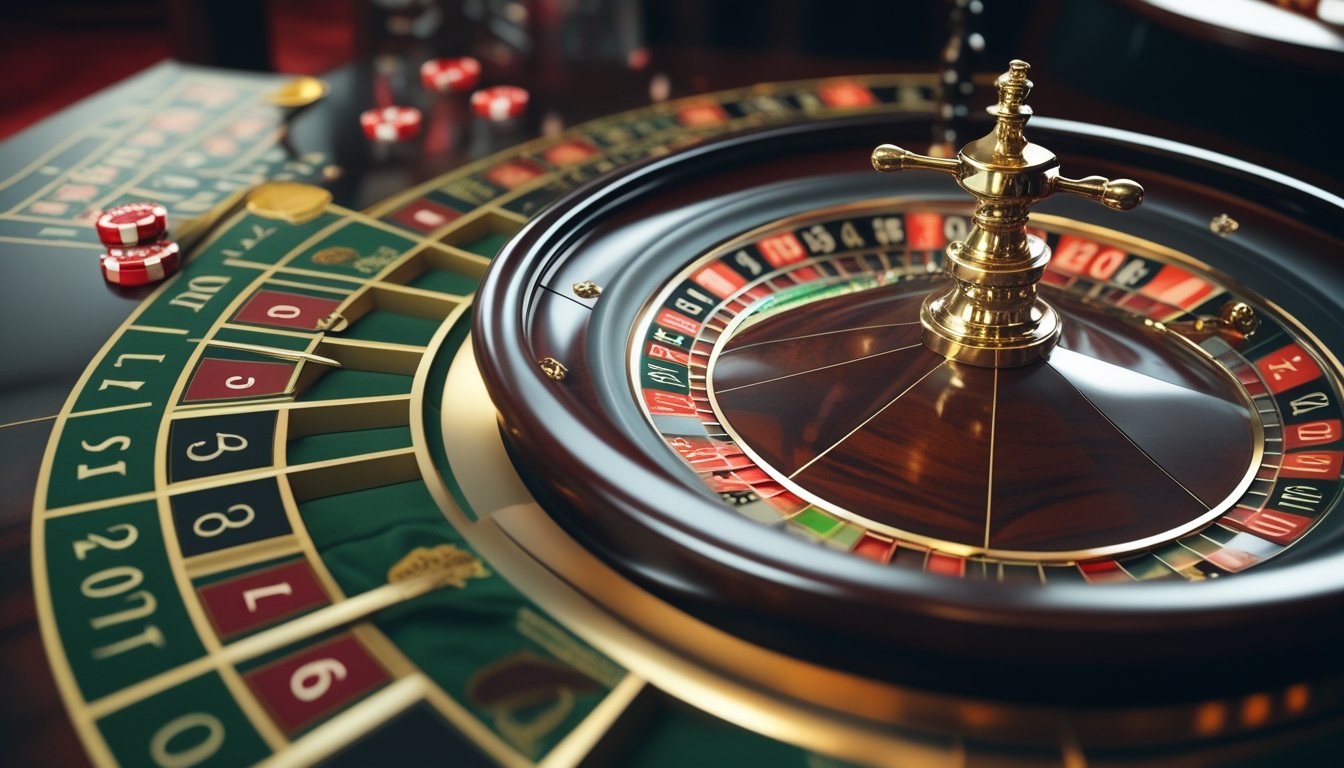 Meja roulette Amerika dengan roda dan tata letak taruhan yang jelas terlihat.