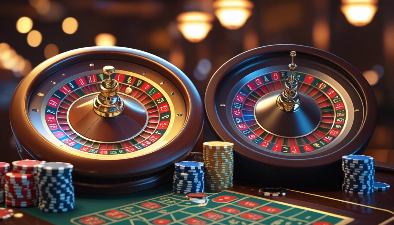 Dua roda roulette di meja kasino, satu dengan nol dan nol ganda, satu dengan nol tunggal, dikelilingi chip taruhan.