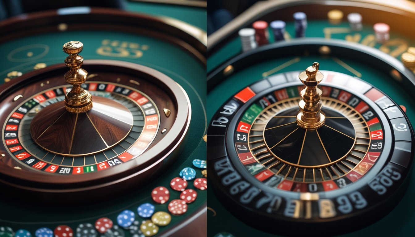 Dua roda roulette, satu American dengan nol ganda dan satu European dengan nol tunggal, diletakkan berdampingan di atas meja kasino hijau.
