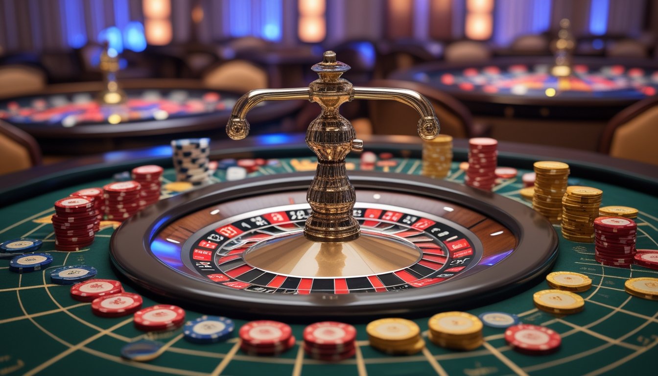 Meja roulette American dengan roda roulette yang menampilkan angka nol ganda dan tumpukan chip warna-warni di kasino mewah.