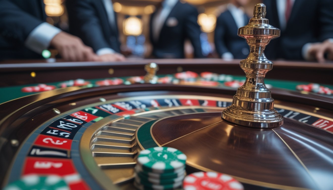 Meja roulette Amerika dengan roda berputar dan tumpukan chip taruhan di kasino yang elegan.