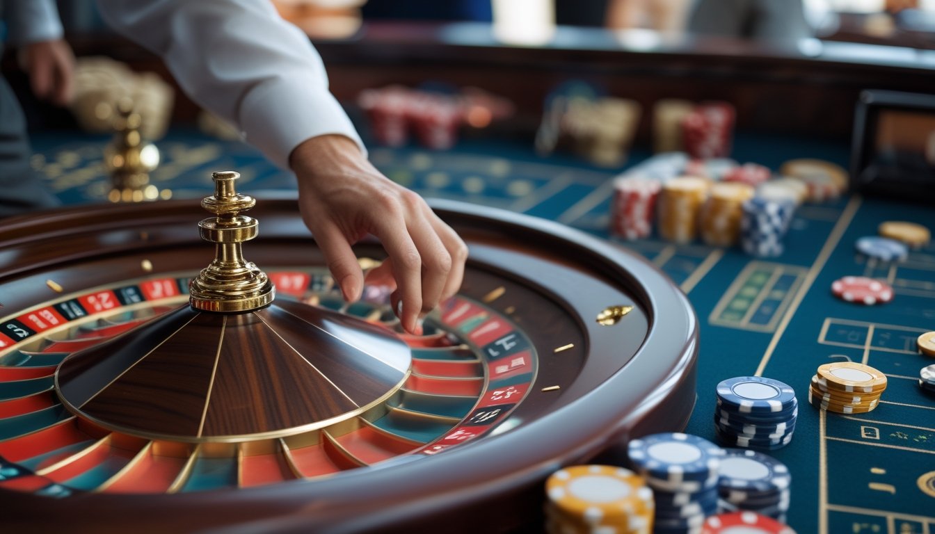Meja roulette Amerika dengan roda roulette dan tumpukan chip, tangan pemain sedang meletakkan chip di meja taruhan.