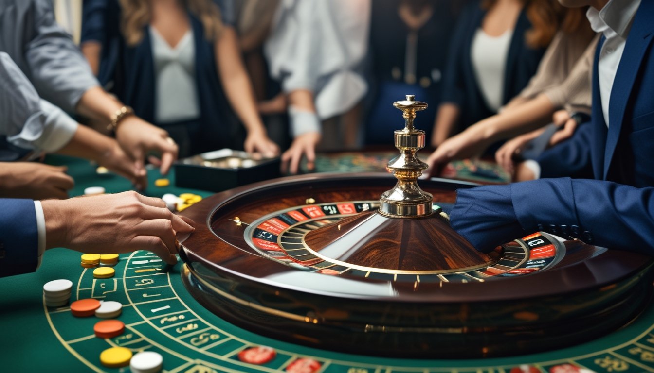 Meja permainan American Roulette dengan roda roulette dan pemain yang sedang memasang taruhan.