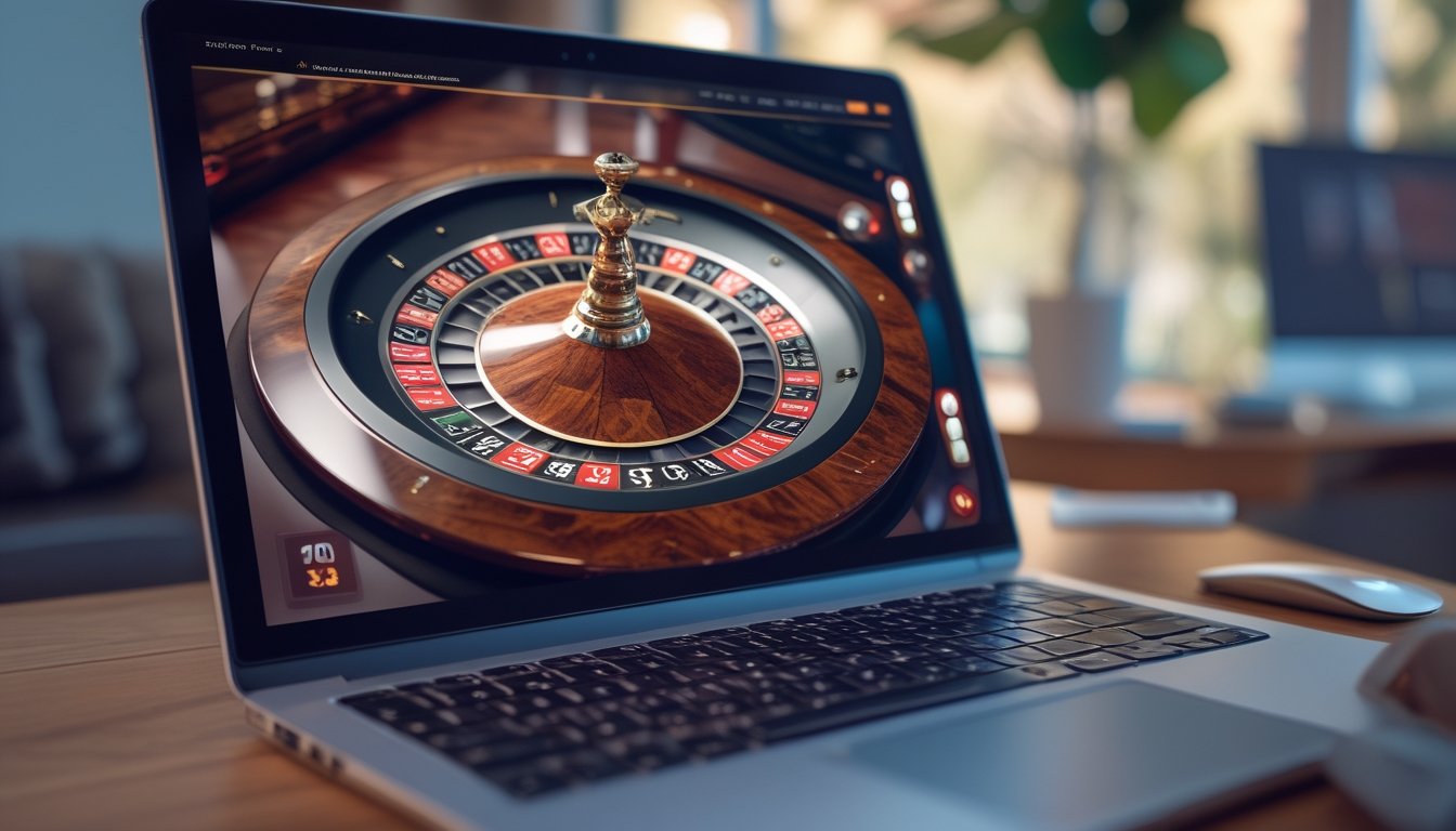 Layar laptop menampilkan permainan roulette Amerika online dengan roda roulette dan bola putih, di atas meja di ruang kerja yang nyaman.