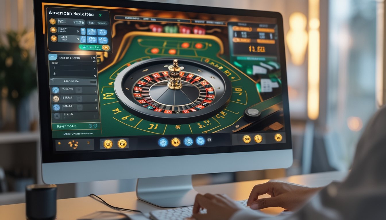 Seseorang bermain roulette Amerika online di komputer di ruang kerja modern dengan tampilan roda roulette dan meja taruhan yang jelas.