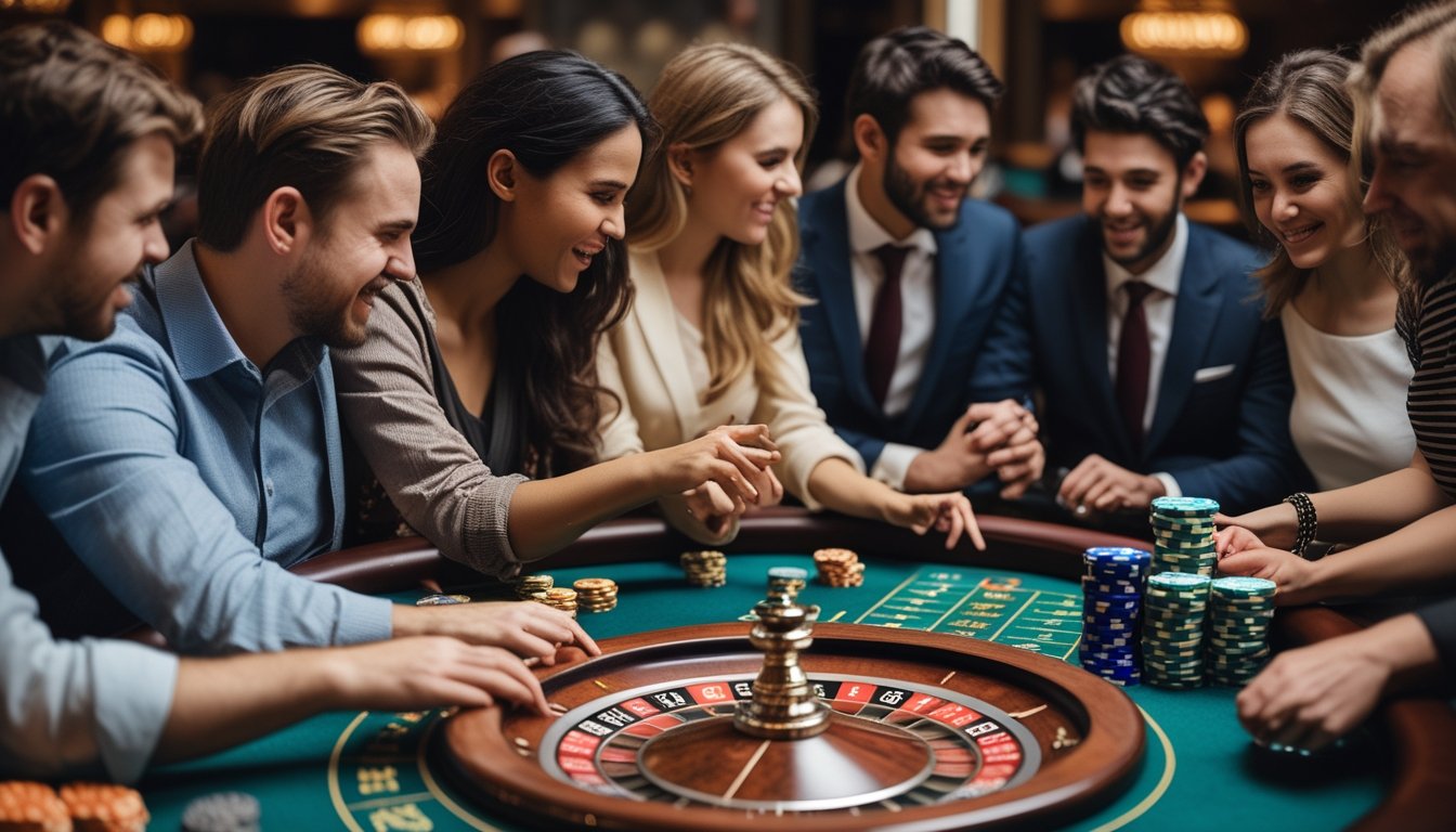 Beberapa orang berkumpul di meja roulette Amerika di kasino, fokus pada roda roulette yang berputar dan tumpukan chip taruhan.