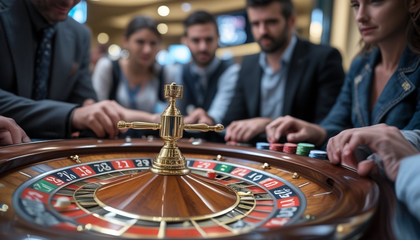 Meja roulette Amerika dengan pemain yang sedang memperhatikan roda roulette dan chip di meja kasino.
