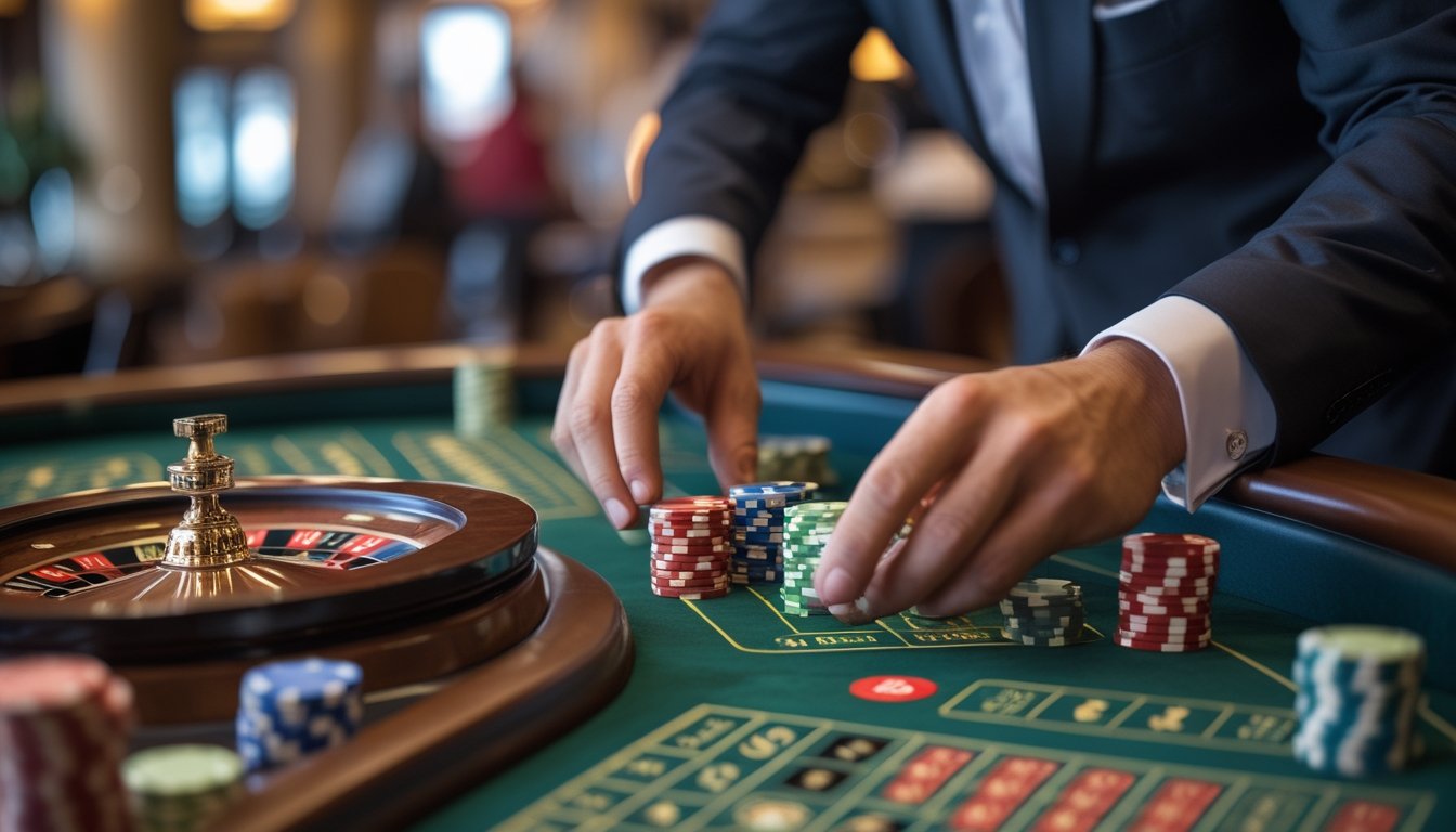 Seseorang sedang mengatur chip taruhan di meja roulette Amerika di dalam kasino.
