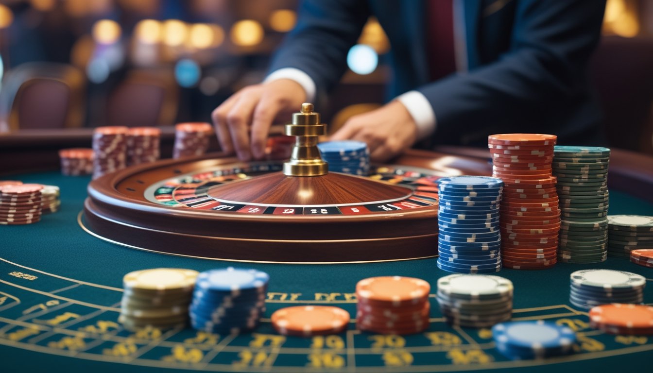 Meja kasino dengan roda American Roulette dan tumpukan chip taruhan yang diatur rapi, tangan pemain sedang mengelola chip dengan hati-hati.