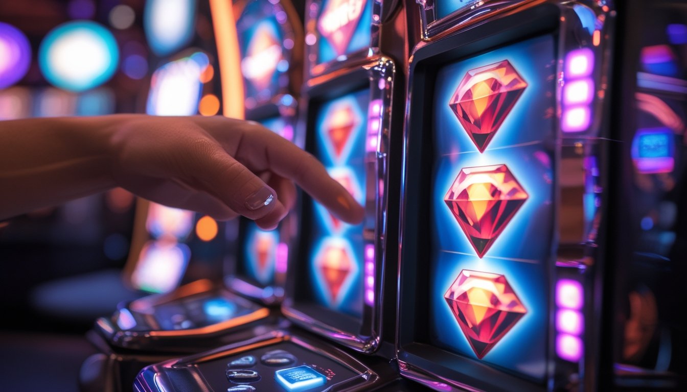 Tangan seseorang menekan tombol putar pada mesin slot Double Diamond yang menampilkan simbol kemenangan dengan lampu berwarna cerah di latar belakang kasino.