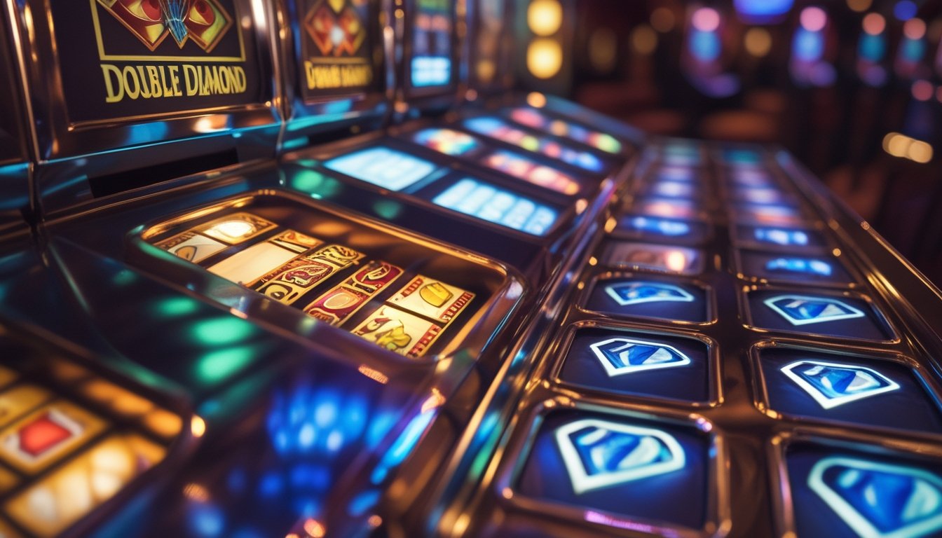Mesin slot Double Diamond dengan simbol berkilau sedang berputar di kasino.