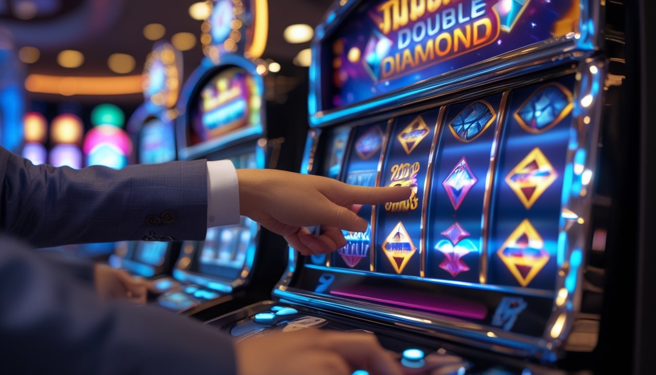Seorang pemain sedang bermain mesin slot dengan simbol berlian di kasino yang terang dan ramai.