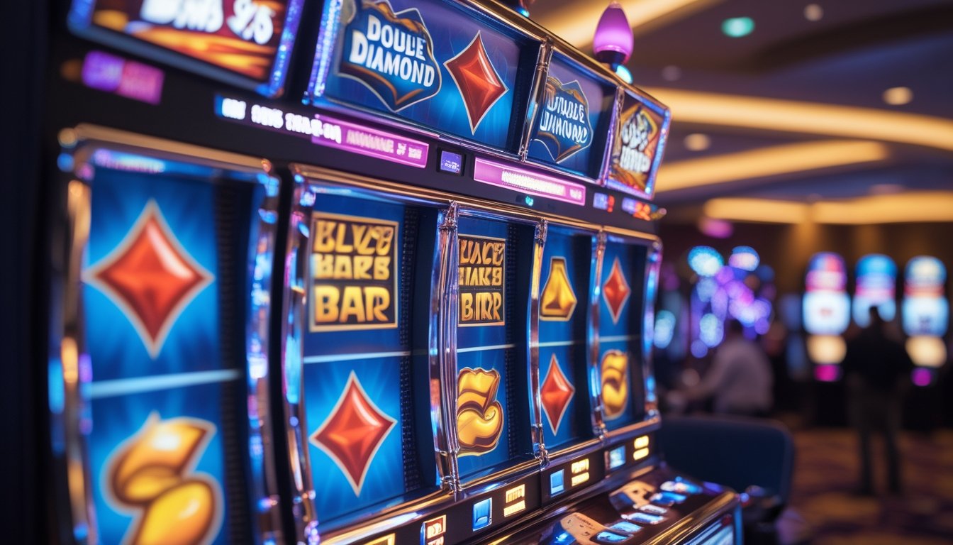 Mesin slot Double Diamond yang menyala di dalam kasino dengan latar belakang suasana kasino yang mewah dan pencahayaan redup.