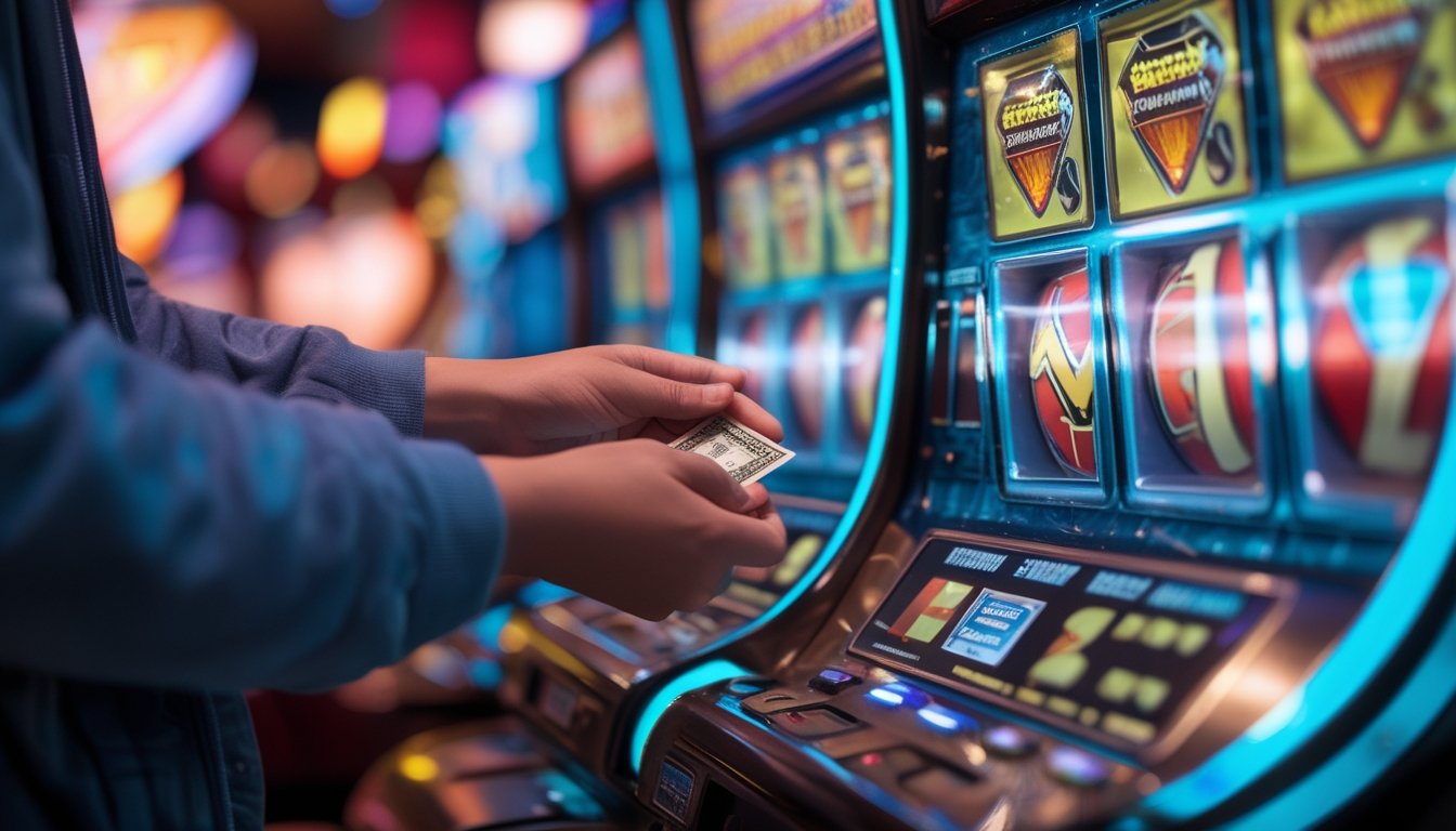 Tangan seseorang sedang memasukkan uang ke mesin slot Double Diamond di kasino dengan latar belakang lampu warna-warni.