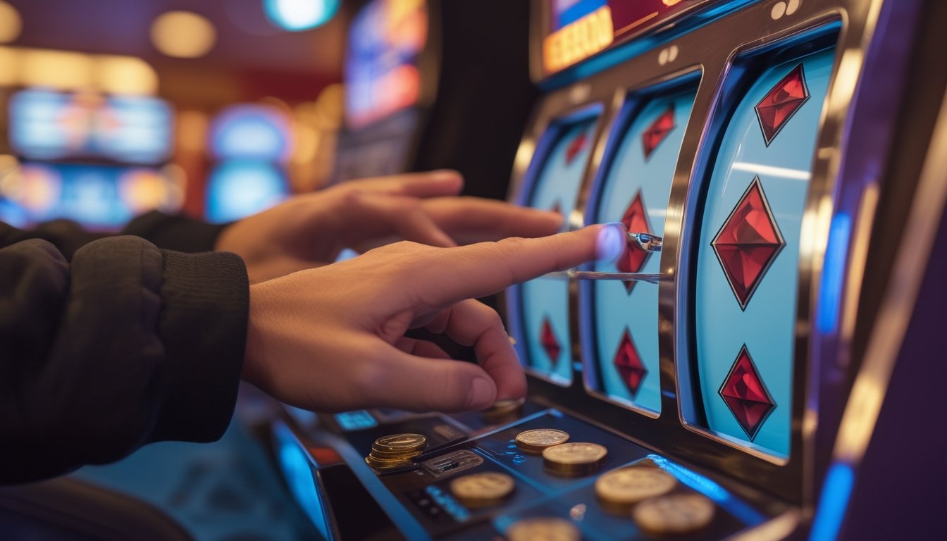 Seorang pemain sedang menikmati bermain mesin slot Double Diamond dengan tangan menekan tombol putar dan koin kecil di dekatnya.