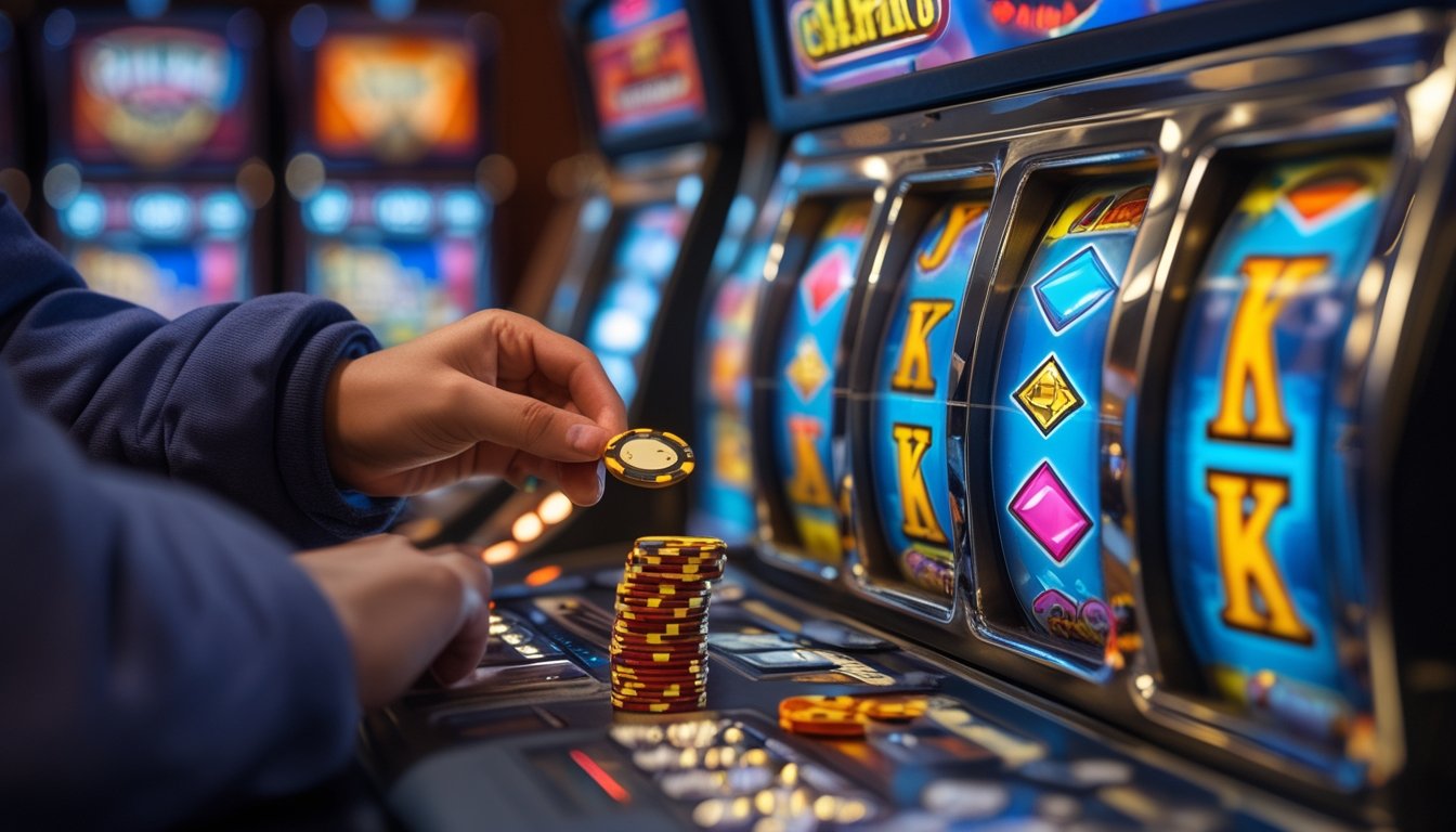 Orang sedang mengatur taruhan pada mesin slot Double Diamond di kasino dengan tumpukan chip di dekatnya.