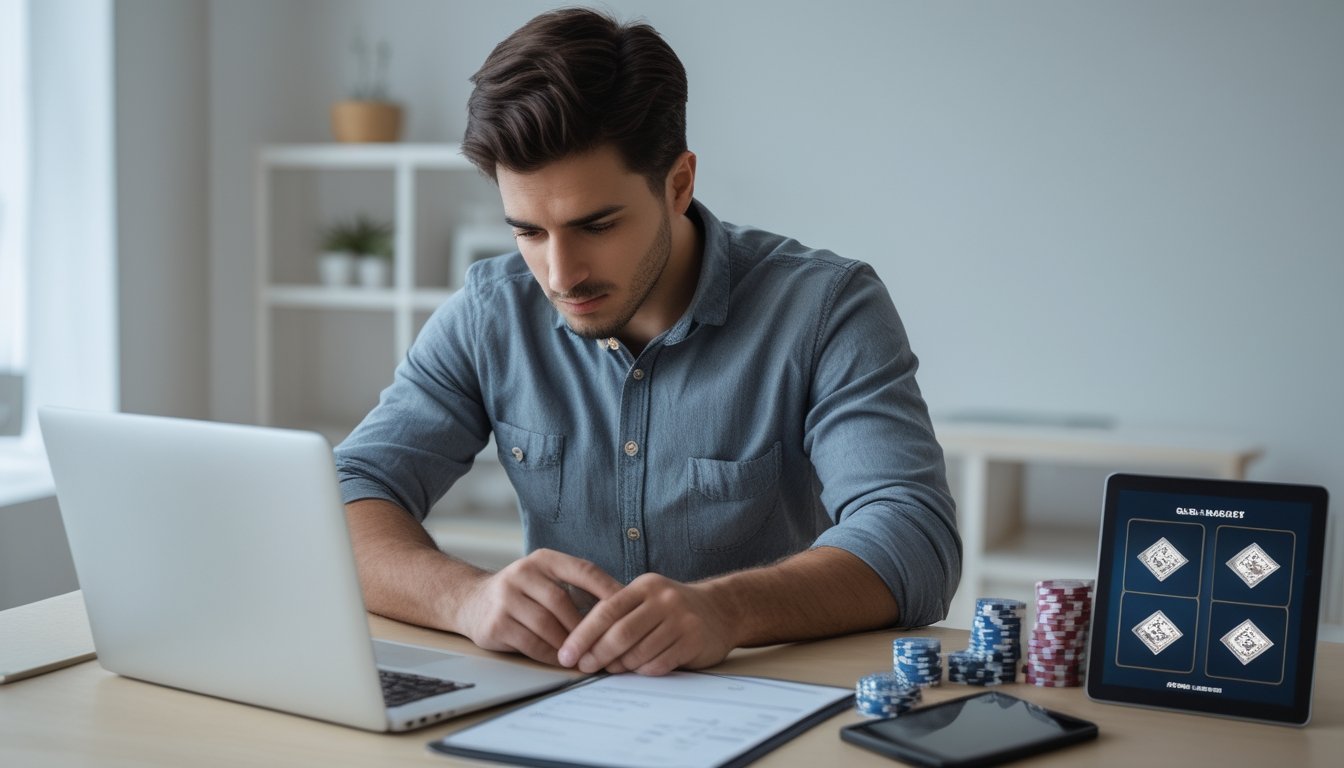 Seorang pria muda duduk di meja dengan laptop dan catatan, fokus mengatur modal judi slot Double Diamond.