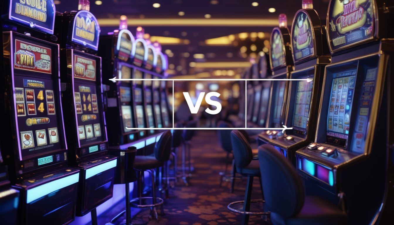 Dua mesin slot berdampingan di kasino, satu model double diamond modern dan satu model klasik tradisional.