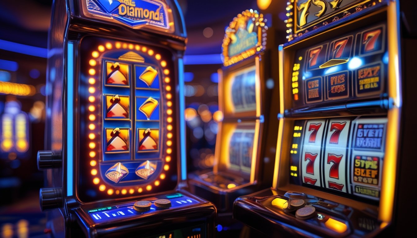 Dua mesin slot klasik berdampingan di kasino, satu dengan simbol Double Diamond dan satu lagi dengan simbol buah dan angka tujuh.