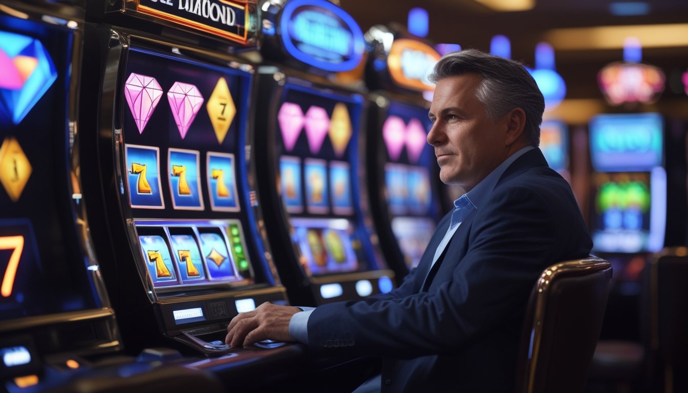 Seorang pria berpenampilan profesional sedang bermain mesin slot Double Diamond di dalam kasino dengan suasana mewah.
