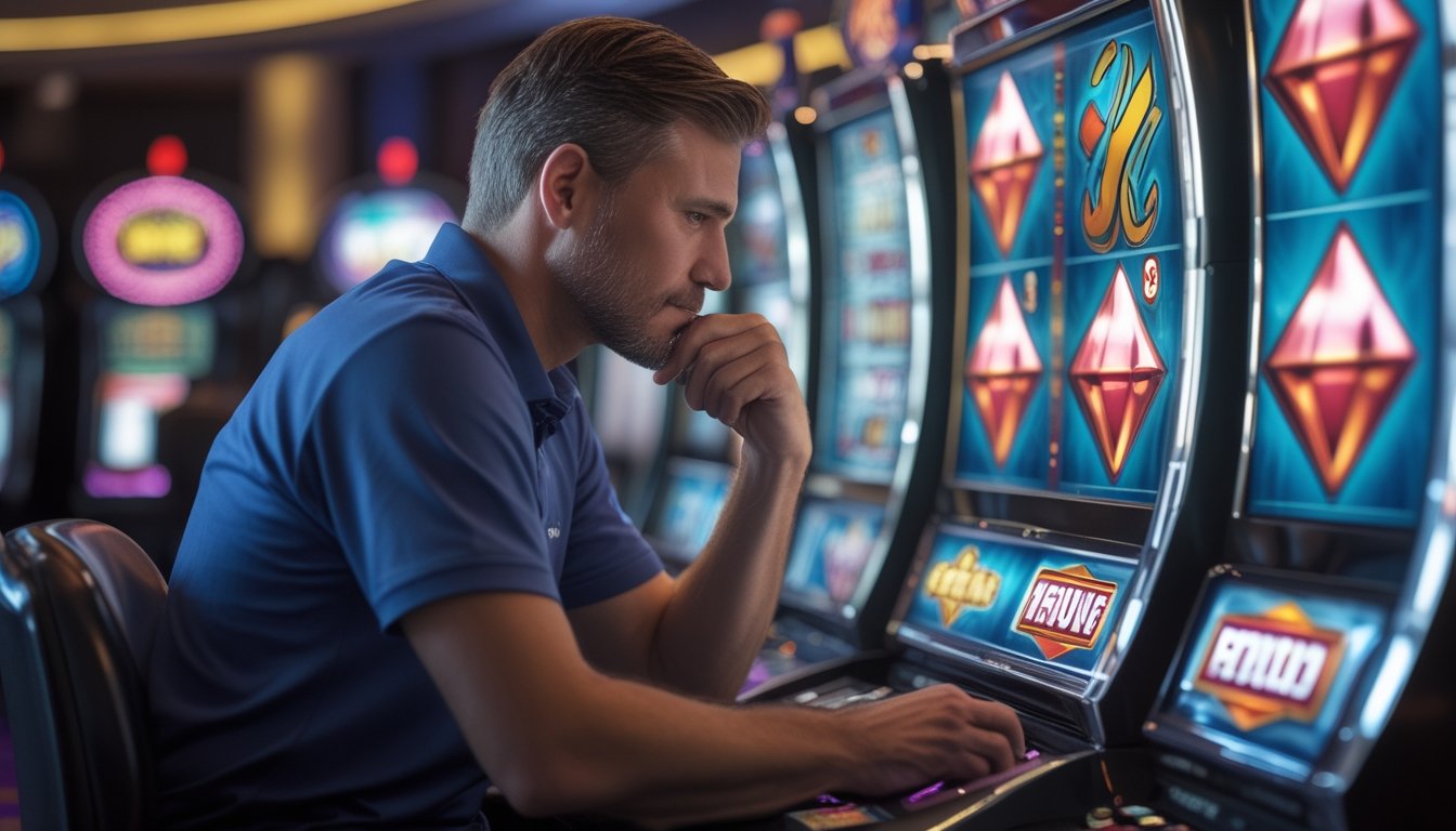 Seorang pria dewasa fokus duduk di depan mesin slot Double Diamond di kasino, menganalisis permainan dengan latar belakang mesin slot lainnya.