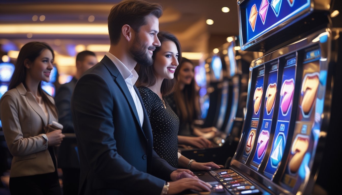Orang-orang bermain mesin slot Double Diamond di kasino dengan suasana penuh semangat dan fokus pada mesin slot yang menampilkan simbol berlian.