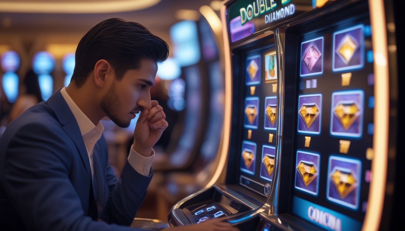 Seorang pemain sedang memperhatikan mesin slot Double Diamond di kasino dengan latar belakang suasana kasino yang samar.