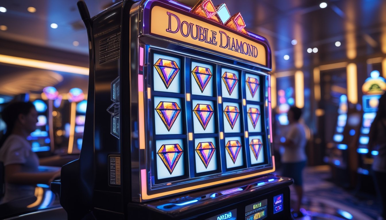 Mesin slot Double Diamond di kasino modern dengan lampu berwarna cerah dan beberapa pemain yang menonton dengan antusias.