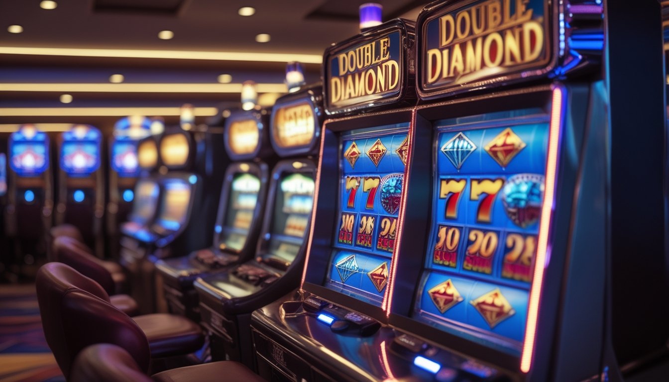 Mesin slot Double Diamond klasik di kasino dengan latar belakang suasana kasino yang terang dan elemen yang menunjukkan perjalanan waktu.