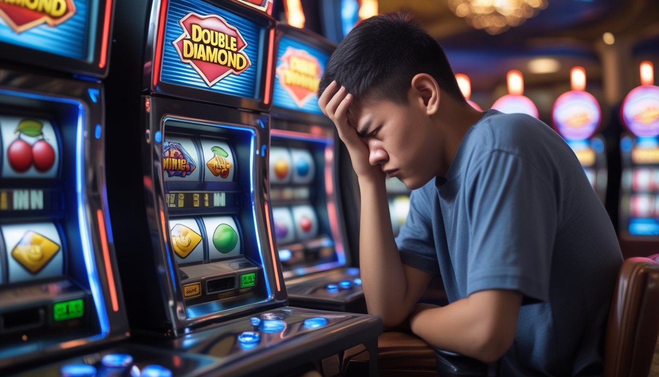 Seorang dewasa muda terlihat kecewa duduk di depan mesin slot Double Diamond di kasino.
