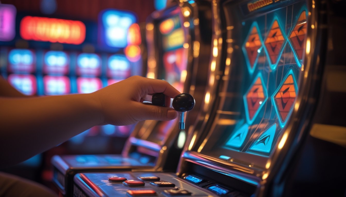 Tangan seseorang sedang bermain mesin slot Double Diamond di kasino dengan latar belakang lampu warna-warni.