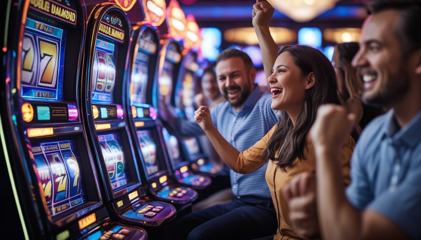 Orang-orang yang sedang bermain dan merayakan kemenangan di mesin slot Double Diamond di dalam kasino yang ramai.