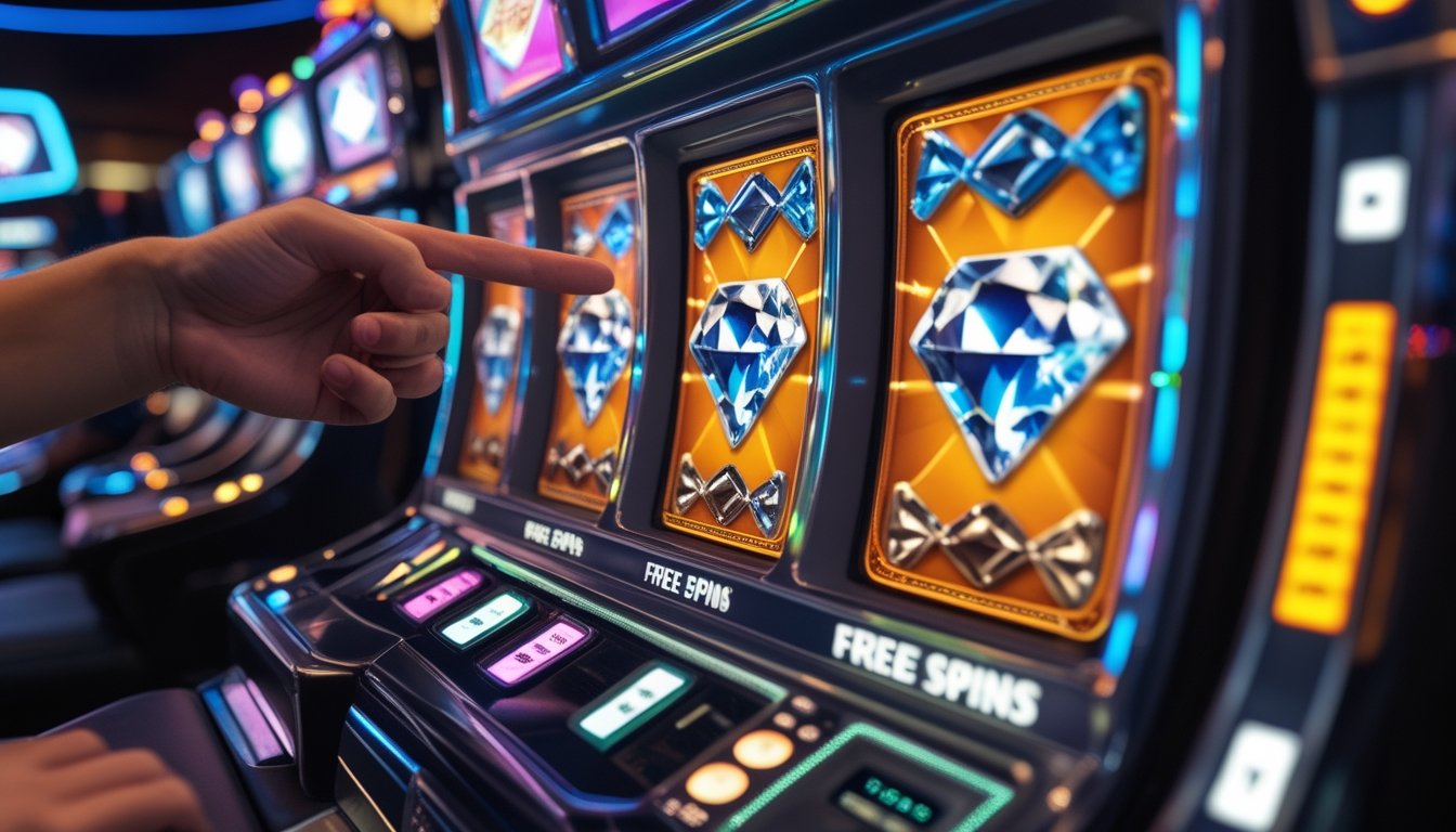 Mesin slot Double Diamond dengan simbol berlian yang berkilauan dan tangan pemain yang siap menekan tombol putar.