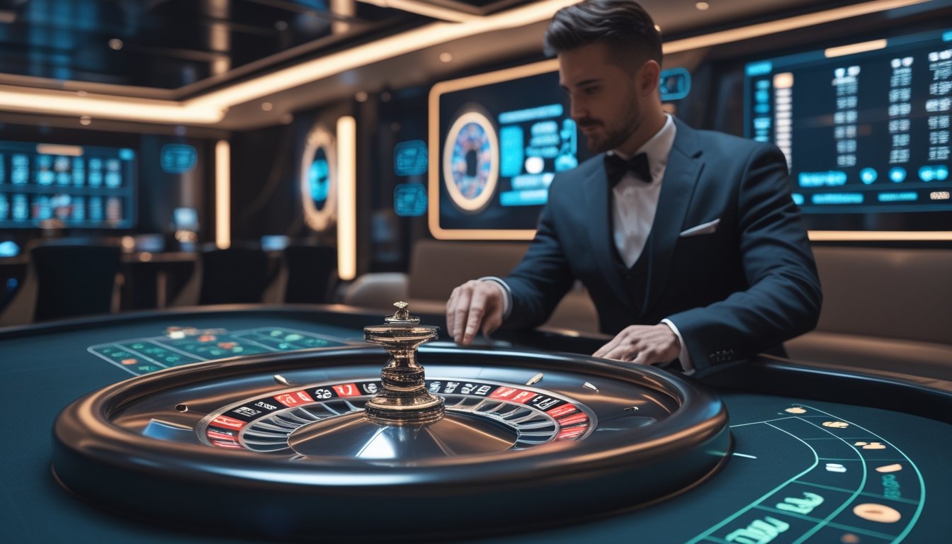 Seorang dealer profesional sedang memutar roda roulette di meja kasino modern dengan layar digital dan pencahayaan lembut.