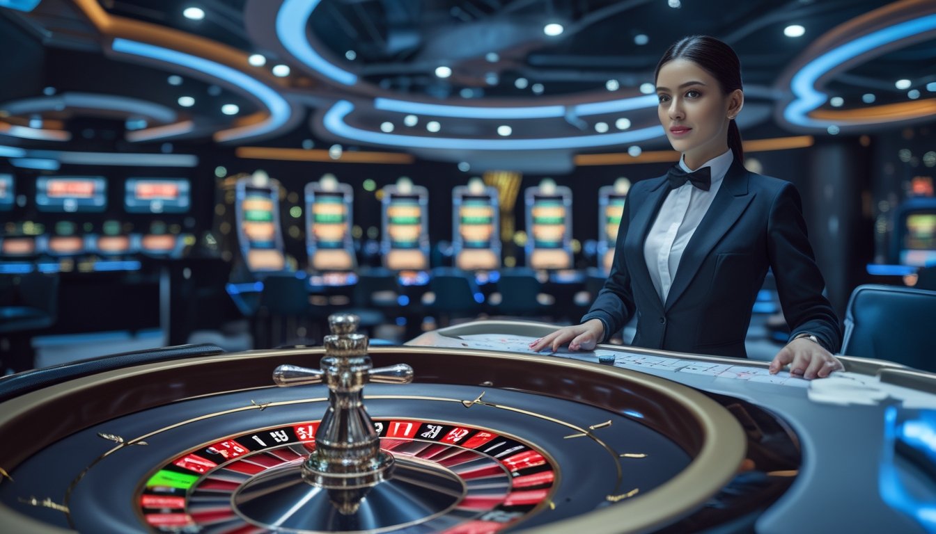 Seorang dealer profesional di meja roulette VIP dengan suasana kasino modern dan teknologi canggih di latar belakang.