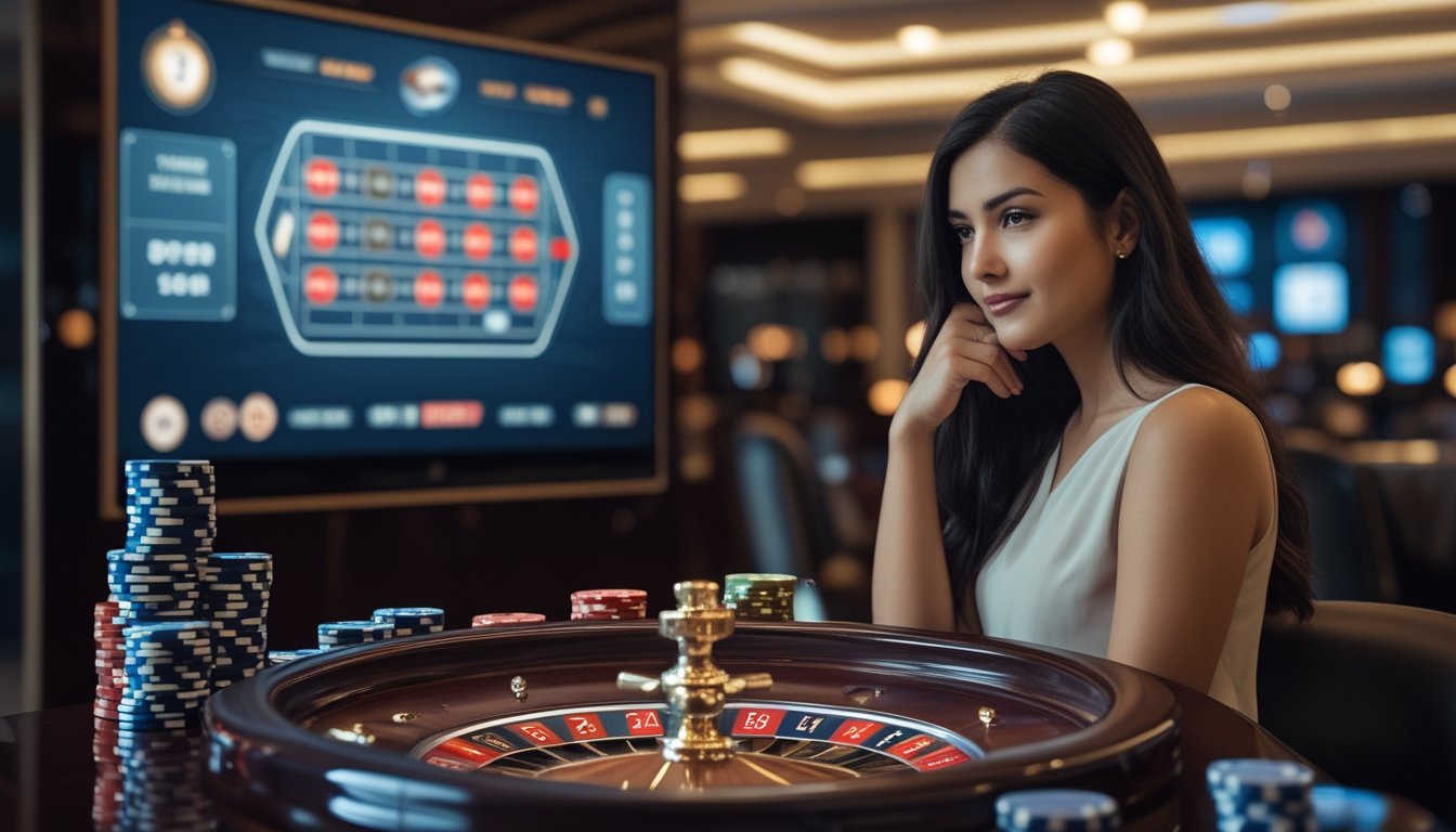 Seorang wanita muda duduk di meja roulette VIP di kasino dengan suasana yang elegan, sedang fokus menganalisis permainan dengan tumpukan chip di depan.
