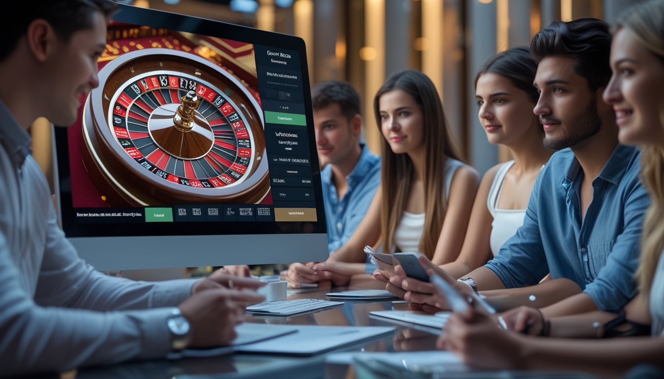 Sekelompok orang muda sedang belajar bermain roulette online di depan komputer dengan roda roulette dan chip digital terlihat di layar.